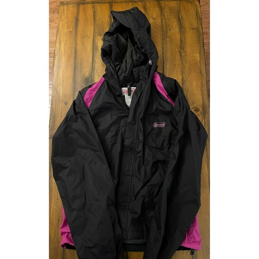Women’s Black Pink S/M Coleman Windbreaker Jacket Full zip With Hood Unlined